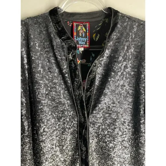 Johnny Was Black Silver Ombre Full Sequin Long Sleeve Button Down Blouse Medium - Picture 2 of 6